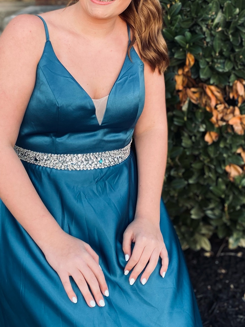Blue Satin Spaghetti-Strap Evening Dress with Crystal Waist